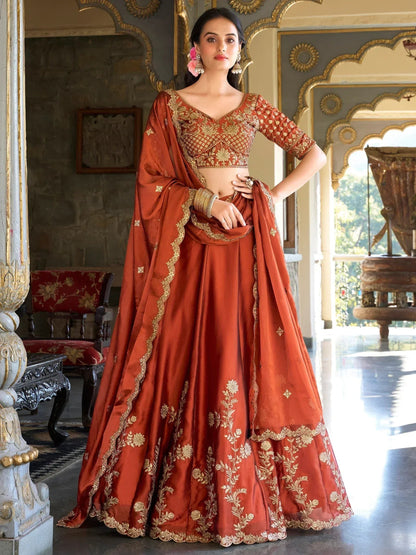 Tulsi Art Attractive Orange Thread Embroidery Silk Wedding Wear Lehenga Choli