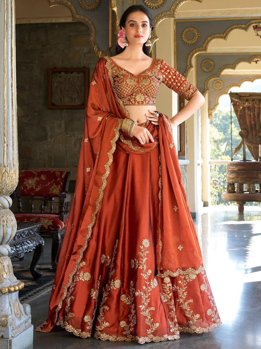 Tulsi Art Attractive Orange Thread Embroidery Silk Wedding Wear Lehenga Choli