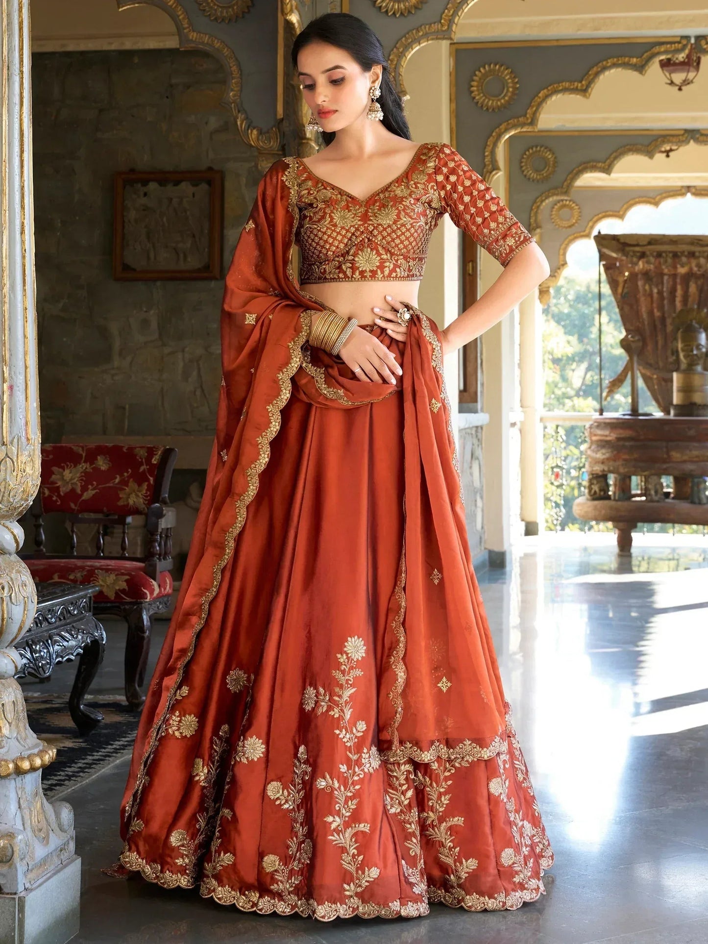 Tulsi Art Attractive Orange Thread Embroidery Silk Wedding Wear Lehenga Choli