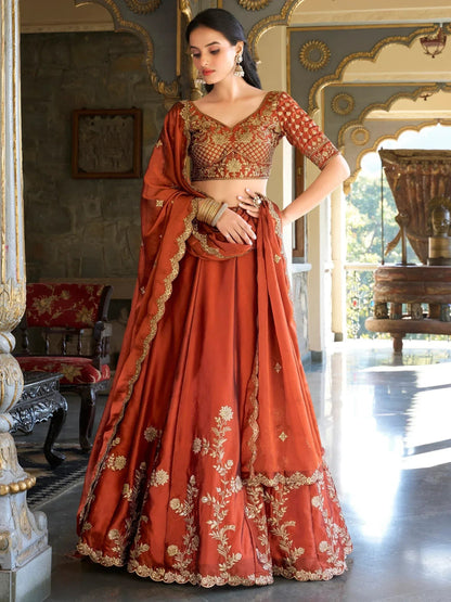 Tulsi Art Attractive Orange Thread Embroidery Silk Wedding Wear Lehenga Choli