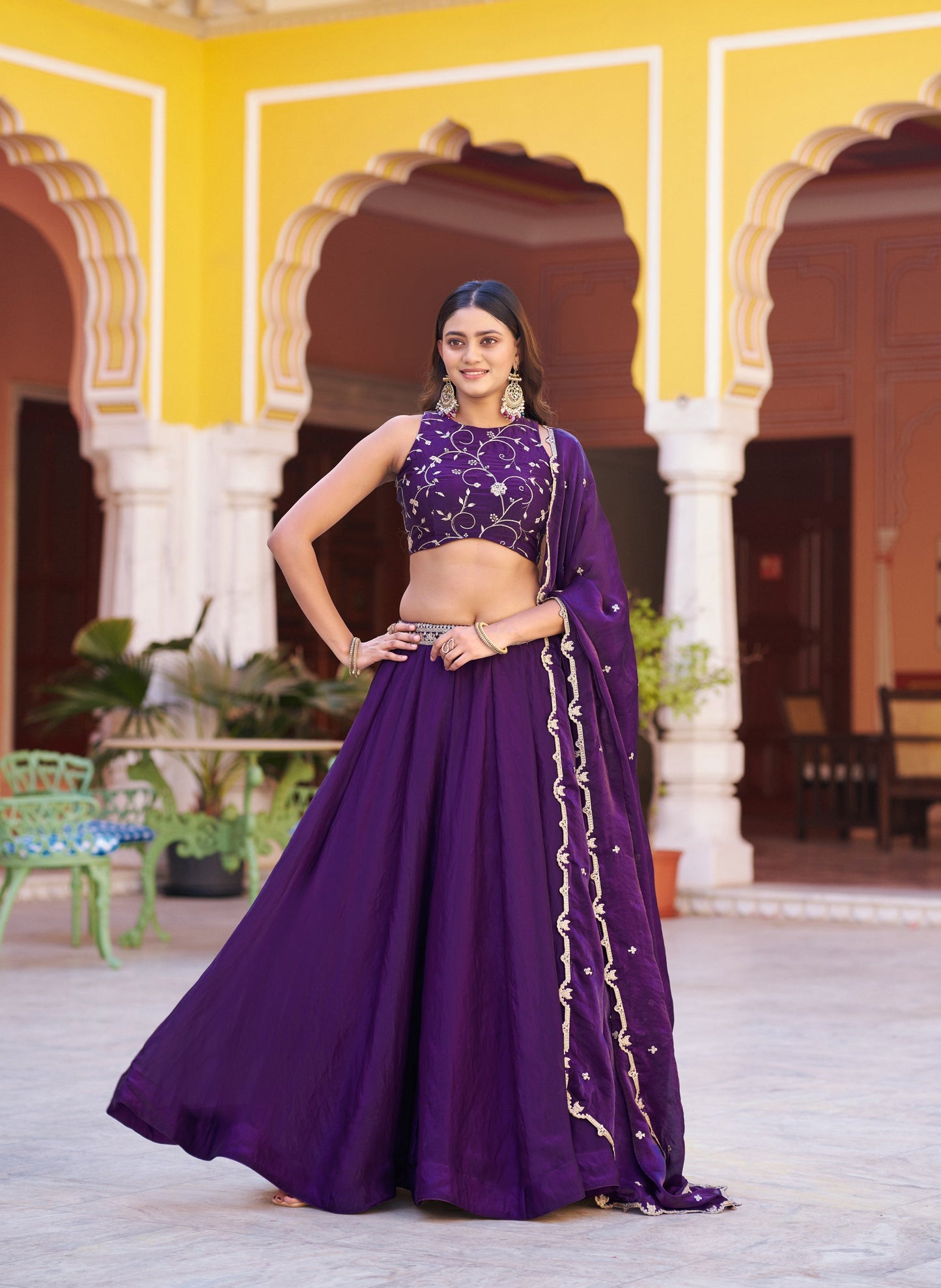 Lorenvalley Fashion Purple Fendy Satin Sequins and Thread Embroidery Work Lehenga Choli with Dupatta