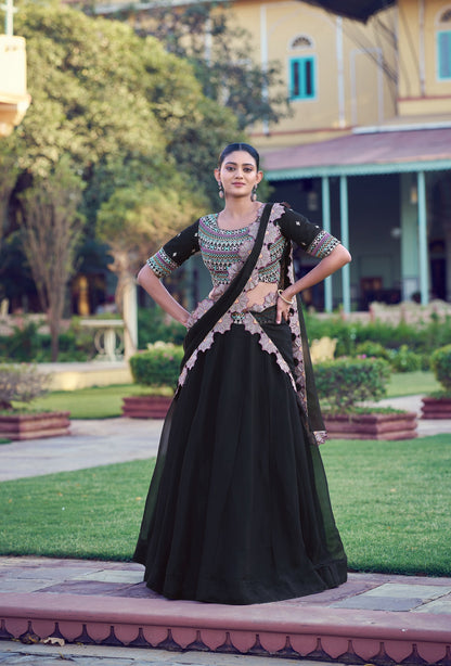 Lorenvalley Fashion Black Aurum Georgette Thread & Sequins Embroidery Work Lehenga Choli With Dupatta