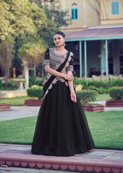 Lorenvalley Fashion Black Aurum Georgette Thread & Sequins Embroidery Work Lehenga Choli With Dupatta