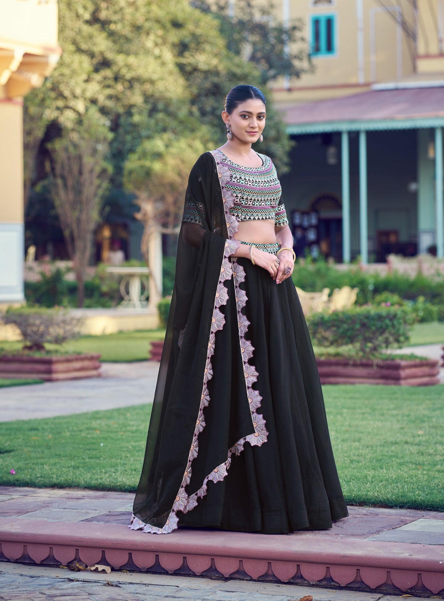 Lorenvalley Fashion Black Aurum Georgette Thread & Sequins Embroidery Work Lehenga Choli With Dupatta