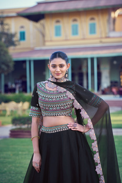 Lorenvalley Fashion Black Aurum Georgette Thread & Sequins Embroidery Work Lehenga Choli With Dupatta