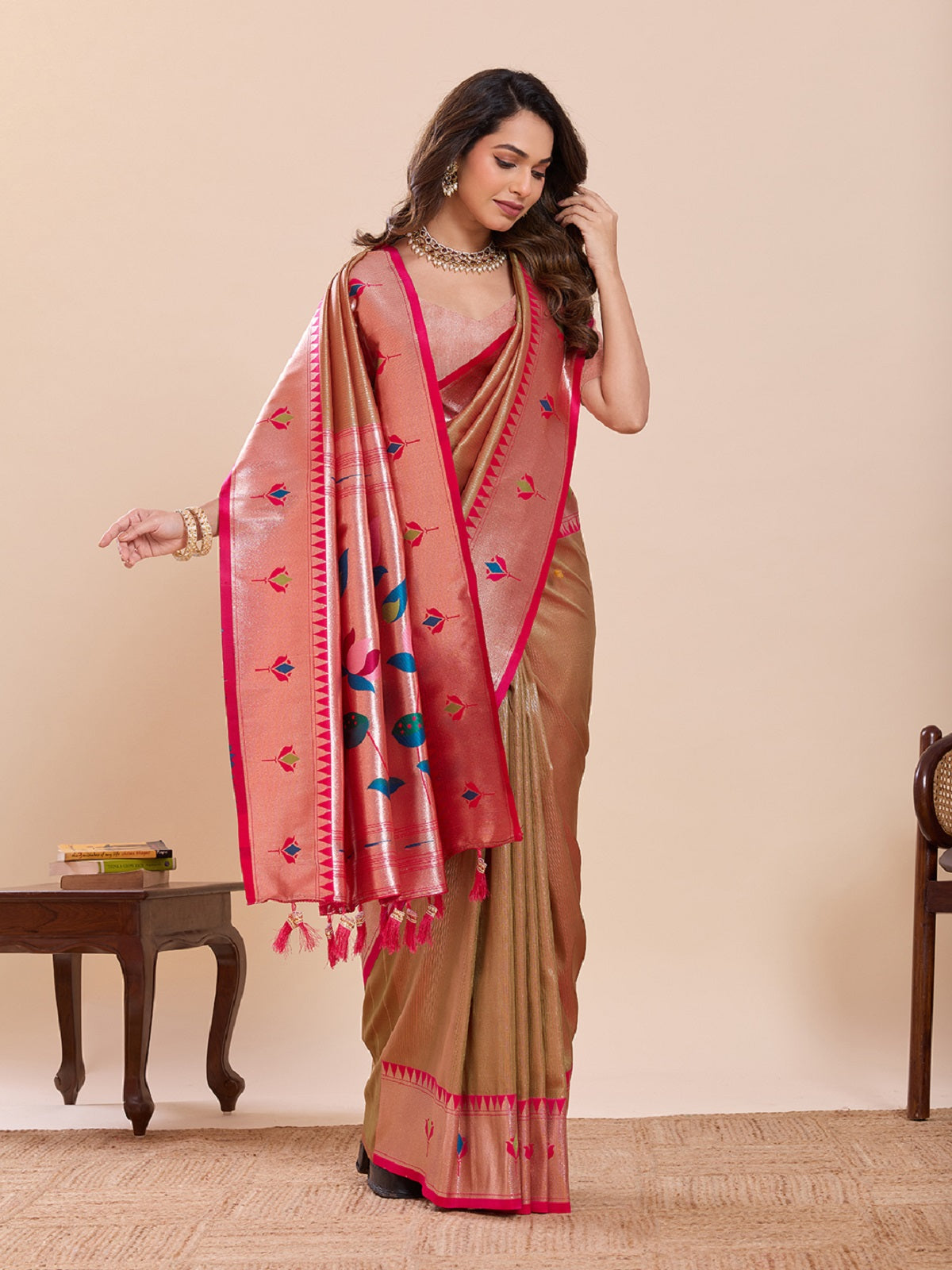Dwija Fashion Beige Wedding Wear Woven Lotus Motif Work Pure Soft Silk Saree With Unstitched Blouse