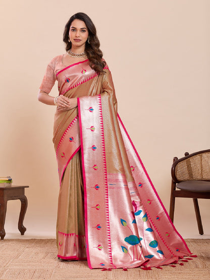Dwija Fashion Beige Wedding Wear Woven Lotus Motif Work Pure Soft Silk Saree With Unstitched Blouse
