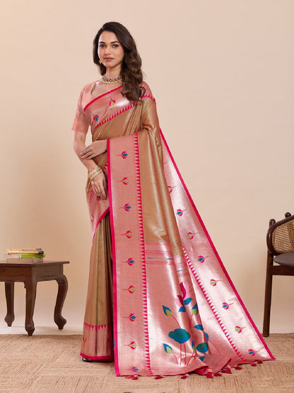 Dwija Fashion Beige Wedding Wear Woven Lotus Motif Work Pure Soft Silk Saree With Unstitched Blouse