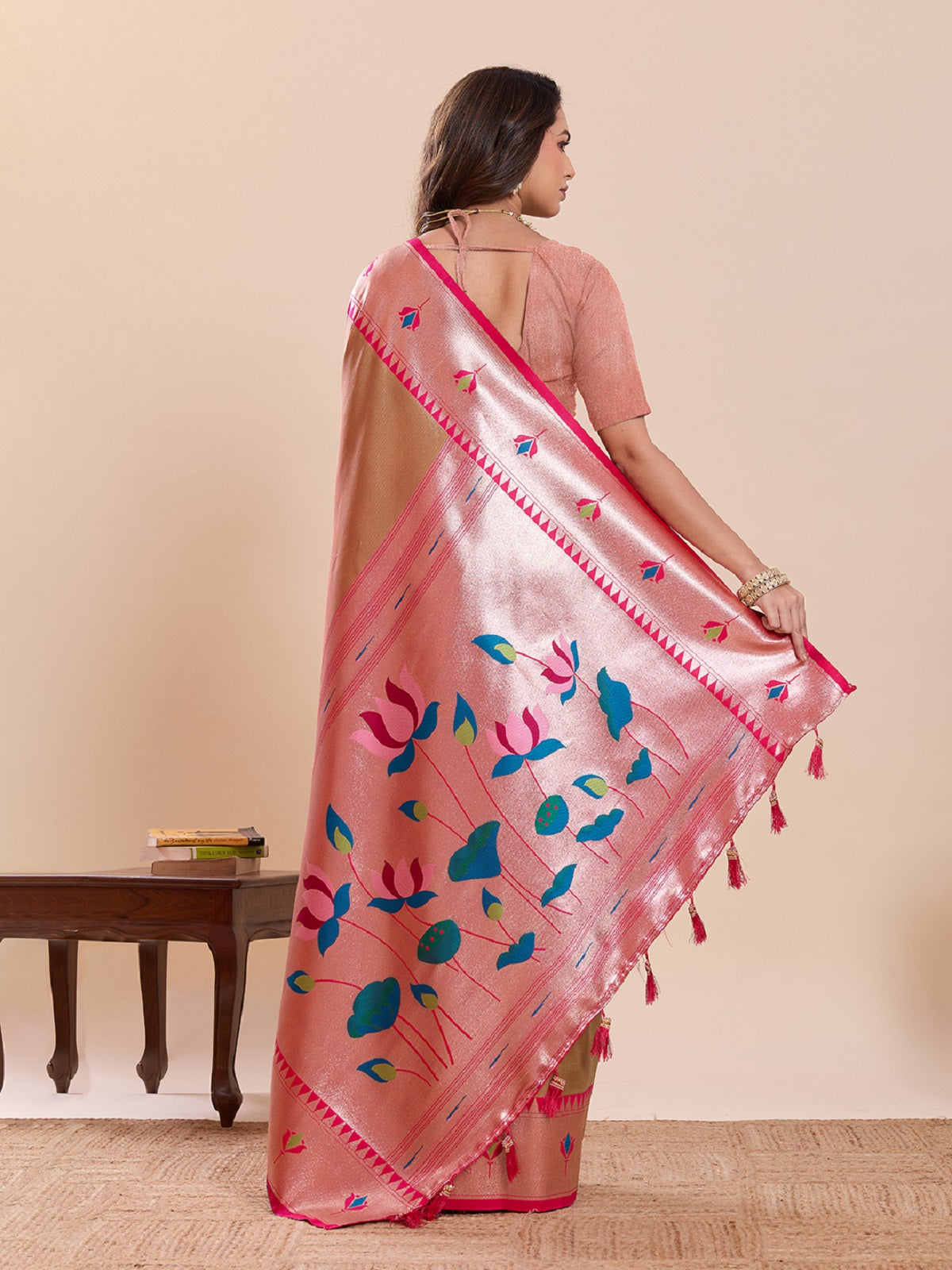 Dwija Fashion Beige Wedding Wear Woven Lotus Motif Work Pure Soft Silk Saree With Unstitched Blouse