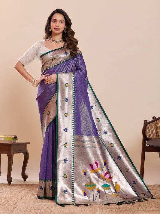 Dwija Fashion Blue Wedding Wear Woven Lotus Motif Work Pure Soft Silk Saree With Unstitched Blouse
