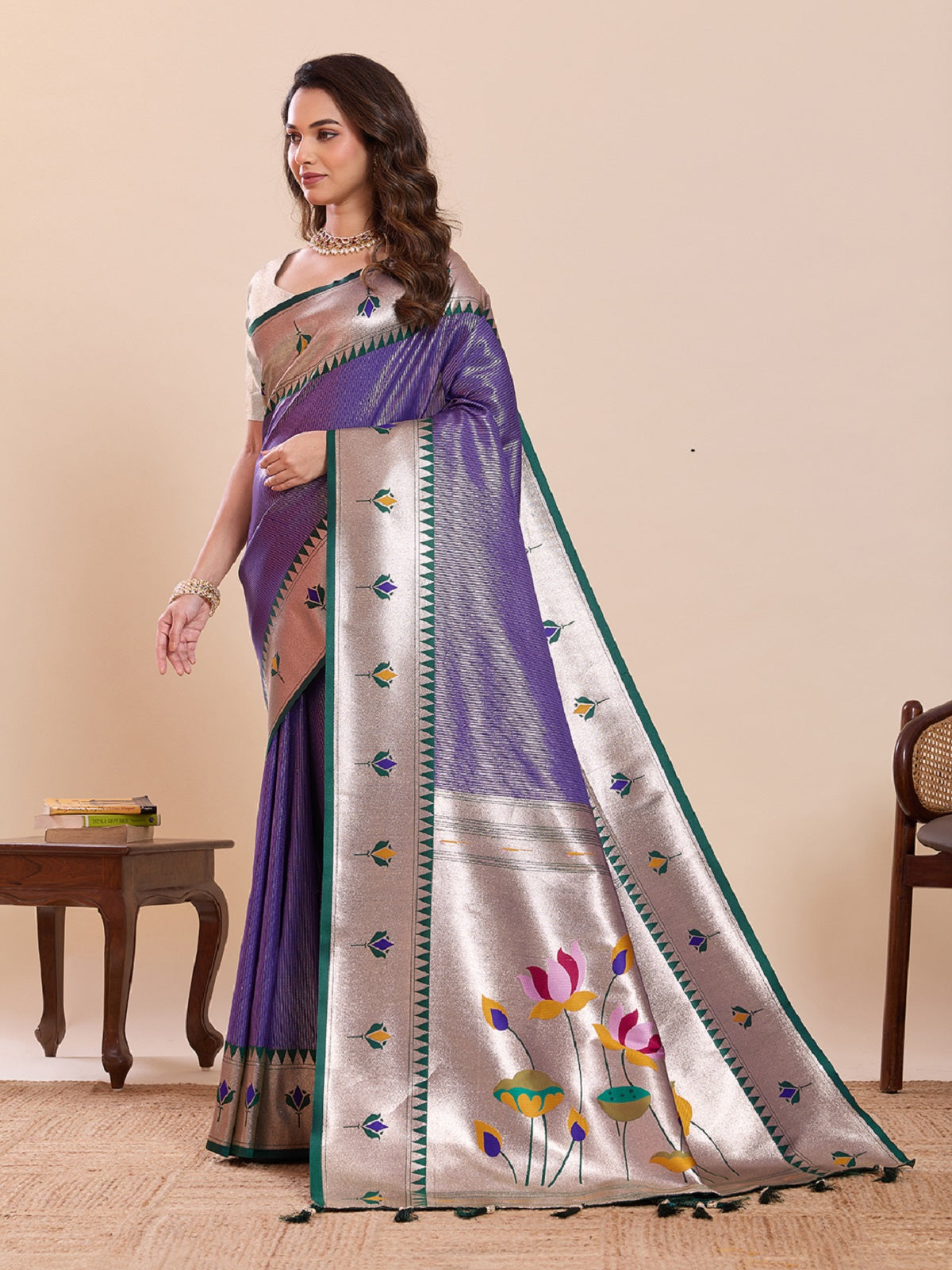 Dwija Fashion Blue Wedding Wear Woven Lotus Motif Work Pure Soft Silk Saree With Unstitched Blouse