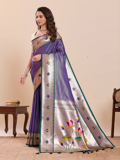 Dwija Fashion Blue Wedding Wear Woven Lotus Motif Work Pure Soft Silk Saree With Unstitched Blouse
