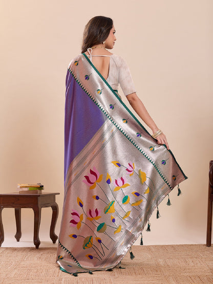 Dwija Fashion Blue Wedding Wear Woven Lotus Motif Work Pure Soft Silk Saree With Unstitched Blouse