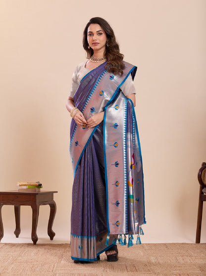 Dwija Fashion Sky Blue Wedding Wear Woven Lotus Motif Work Pure Soft Silk Saree With Unstitched Blouse