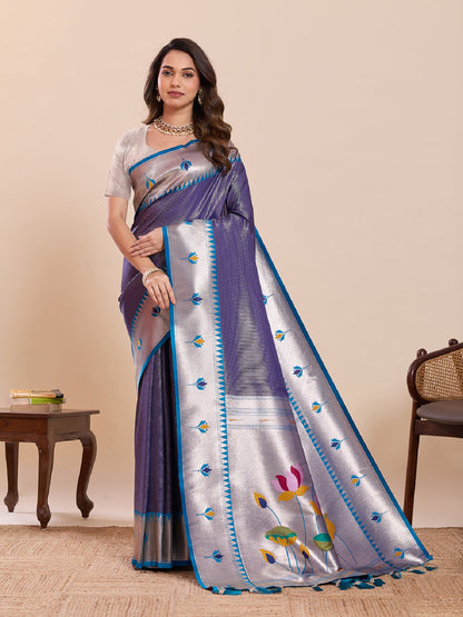 Dwija Fashion Sky Blue Wedding Wear Woven Lotus Motif Work Pure Soft Silk Saree With Unstitched Blouse