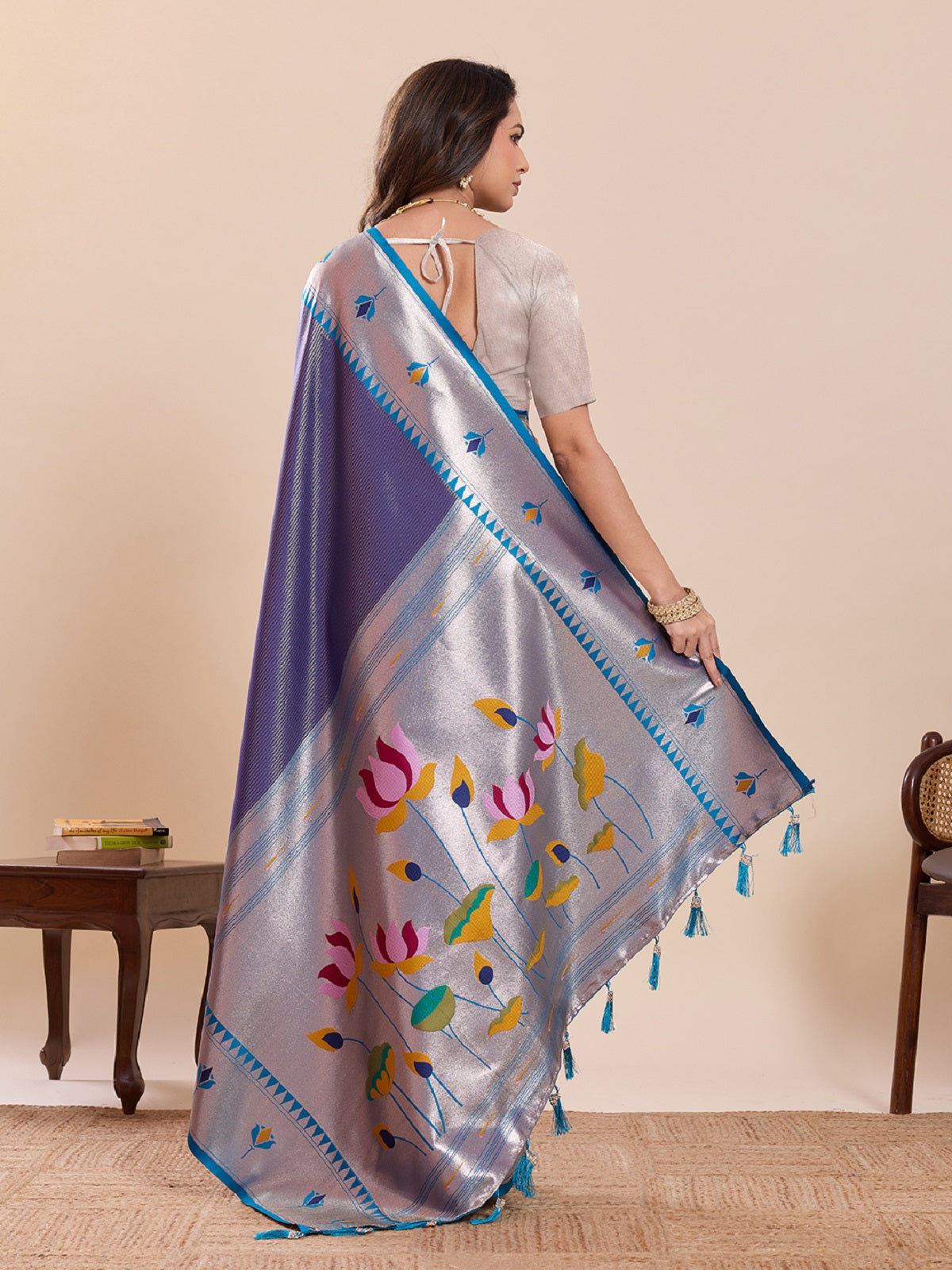 Dwija Fashion Sky Blue Wedding Wear Woven Lotus Motif Work Pure Soft Silk Saree With Unstitched Blouse