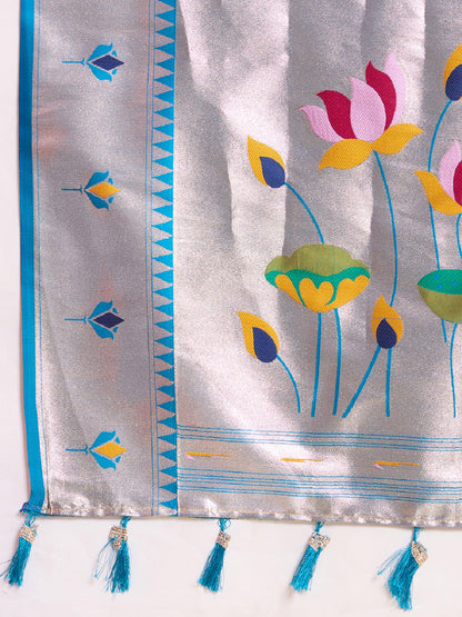 Dwija Fashion Sky Blue Wedding Wear Woven Lotus Motif Work Pure Soft Silk Saree With Unstitched Blouse