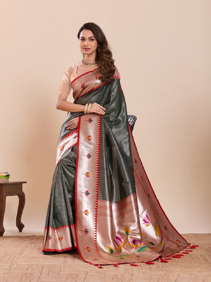 Dwija Fashion Deep Green Wedding Wear Woven Lotus Motif Work Pure Soft Silk Saree With Unstitched Blouse