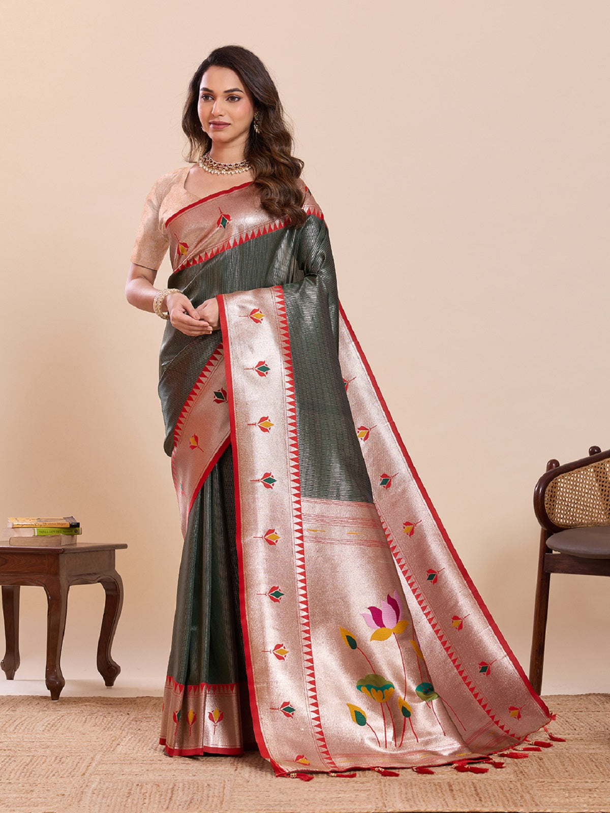 Dwija Fashion Deep Green Wedding Wear Woven Lotus Motif Work Pure Soft Silk Saree With Unstitched Blouse