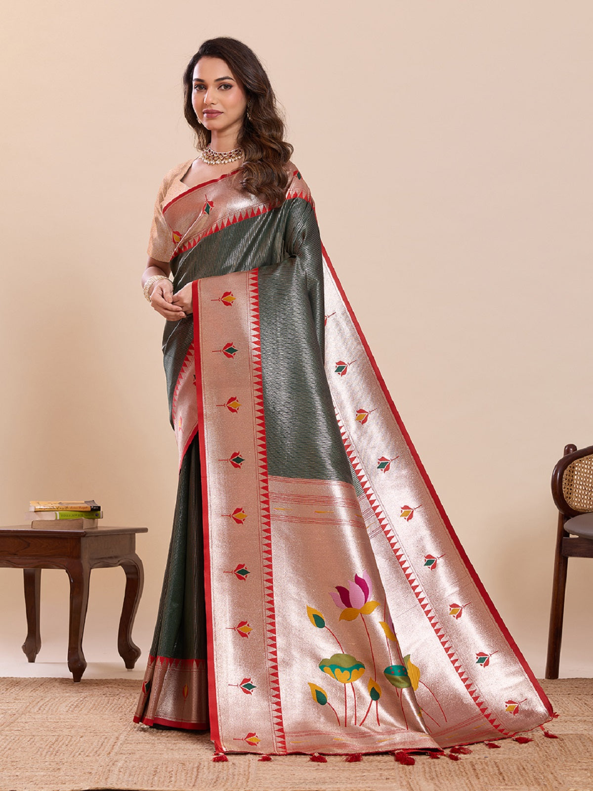 Dwija Fashion Deep Green Wedding Wear Woven Lotus Motif Work Pure Soft Silk Saree With Unstitched Blouse
