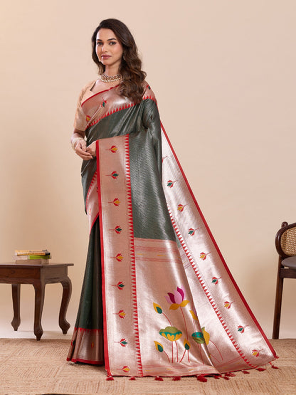 Dwija Fashion Deep Green Wedding Wear Woven Lotus Motif Work Pure Soft Silk Saree With Unstitched Blouse