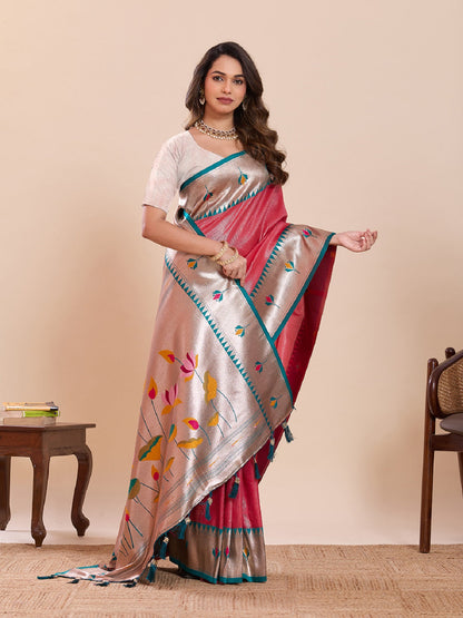 Dwija Fashion Red Wedding Wear Woven Lotus Motif Work Pure Soft Silk Saree With Unstitched Blouse