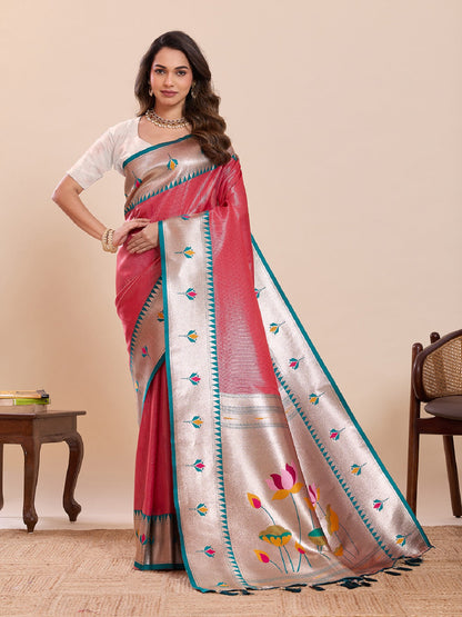 Dwija Fashion Red Wedding Wear Woven Lotus Motif Work Pure Soft Silk Saree With Unstitched Blouse