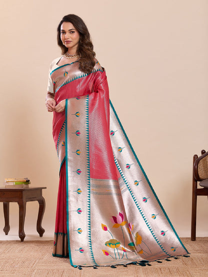 Dwija Fashion Red Wedding Wear Woven Lotus Motif Work Pure Soft Silk Saree With Unstitched Blouse