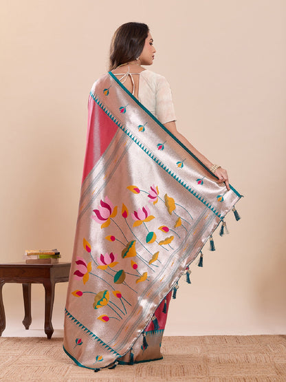 Dwija Fashion Red Wedding Wear Woven Lotus Motif Work Pure Soft Silk Saree With Unstitched Blouse