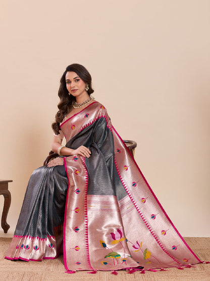 Dwija Fashion Grey Wedding Wear Woven Lotus Motif Work Pure Soft Silk Saree With Unstitched Blouse