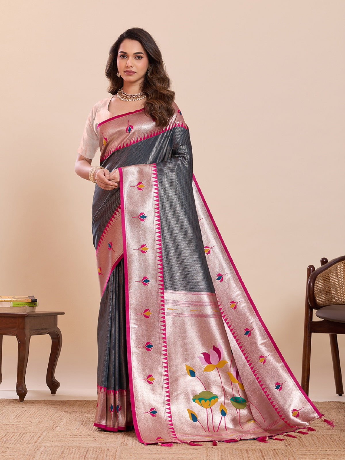 Dwija Fashion Grey Wedding Wear Woven Lotus Motif Work Pure Soft Silk Saree With Unstitched Blouse