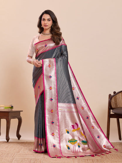 Dwija Fashion Grey Wedding Wear Woven Lotus Motif Work Pure Soft Silk Saree With Unstitched Blouse