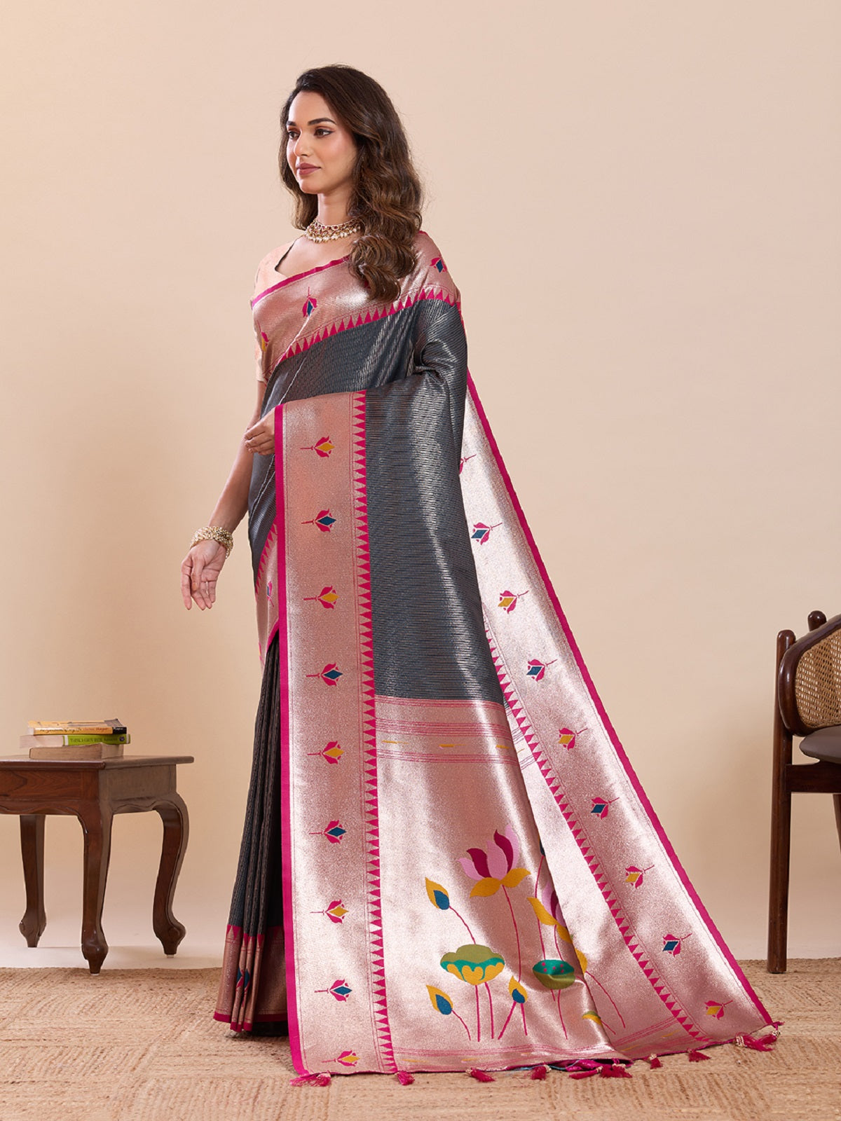 Dwija Fashion Grey Wedding Wear Woven Lotus Motif Work Pure Soft Silk Saree With Unstitched Blouse