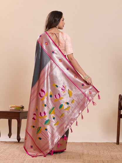 Dwija Fashion Grey Wedding Wear Woven Lotus Motif Work Pure Soft Silk Saree With Unstitched Blouse
