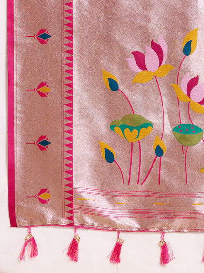 Dwija Fashion Grey Wedding Wear Woven Lotus Motif Work Pure Soft Silk Saree With Unstitched Blouse