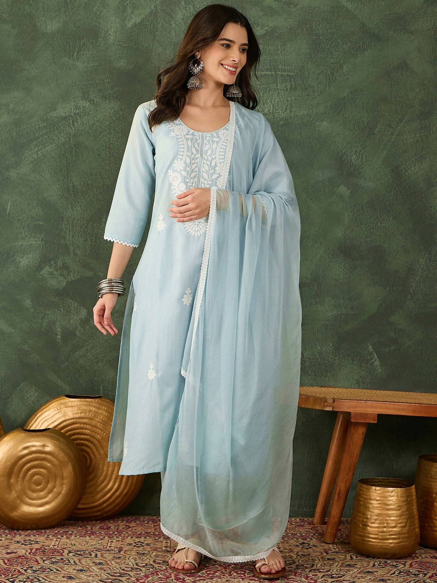 The52 Women's Beautiful Thread Work Cotton Blend Fabric Straight Kurta Pant and Dupatta Set-Sky