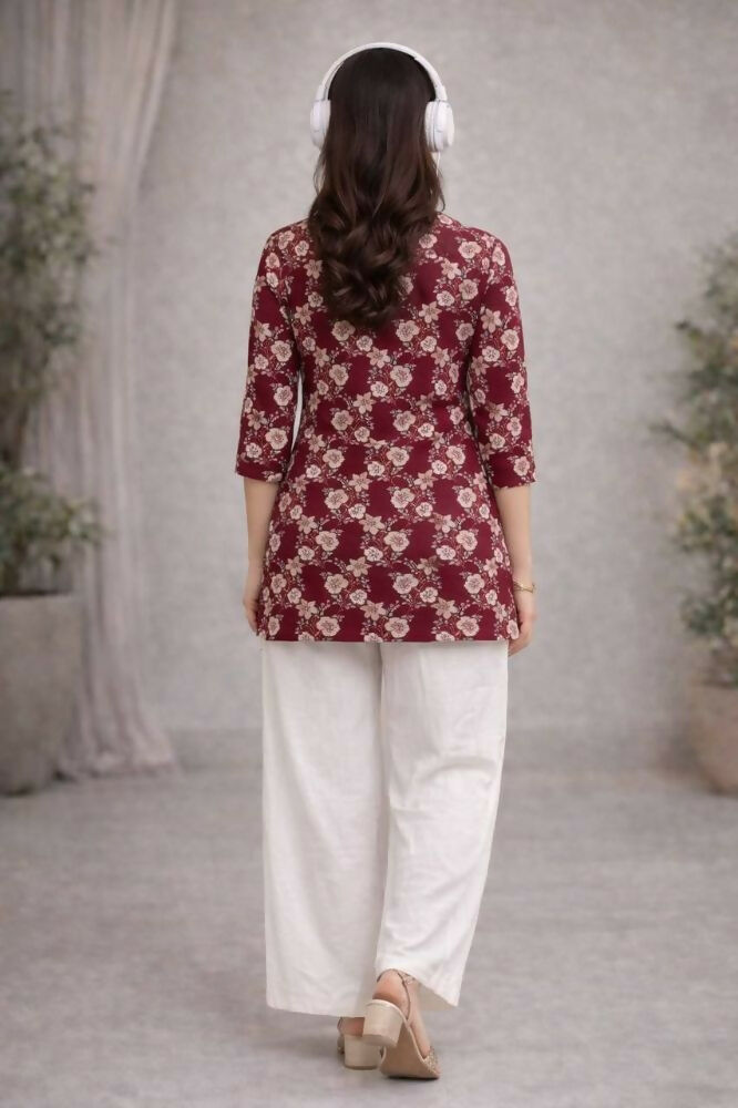 Teeya Creation Womens New Trendy Red Flower Floral Printed Short Kurti with Beige Palazzo Set