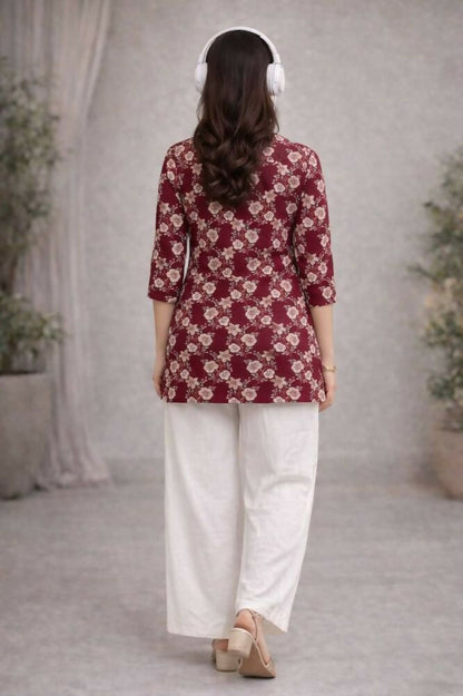 Teeya Creation Womens New Trendy Red Flower Floral Printed Short Kurti with Beige Palazzo Set