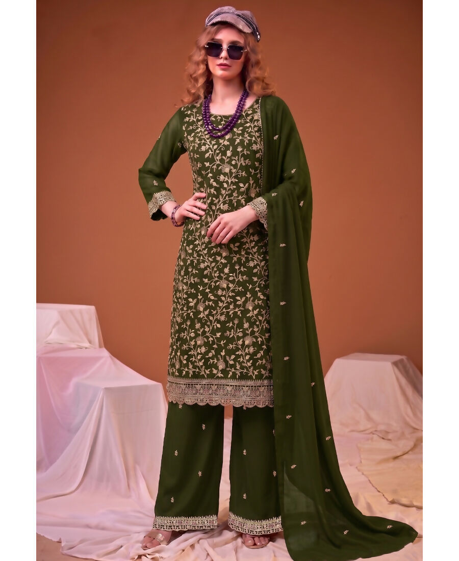 KC Mahendi Green Straight Suit For Women Georgette Fabric
