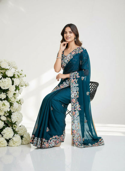 Teeya Creation Womens New Fancy Embroidery Work Saree-Teal