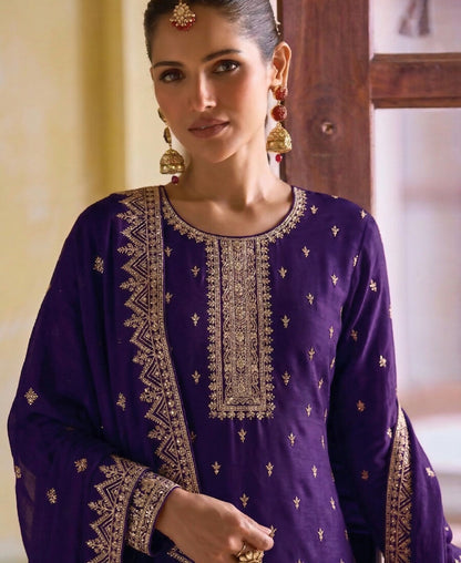 KC Purple Georgette Straight Suit With Heavy Embroidery