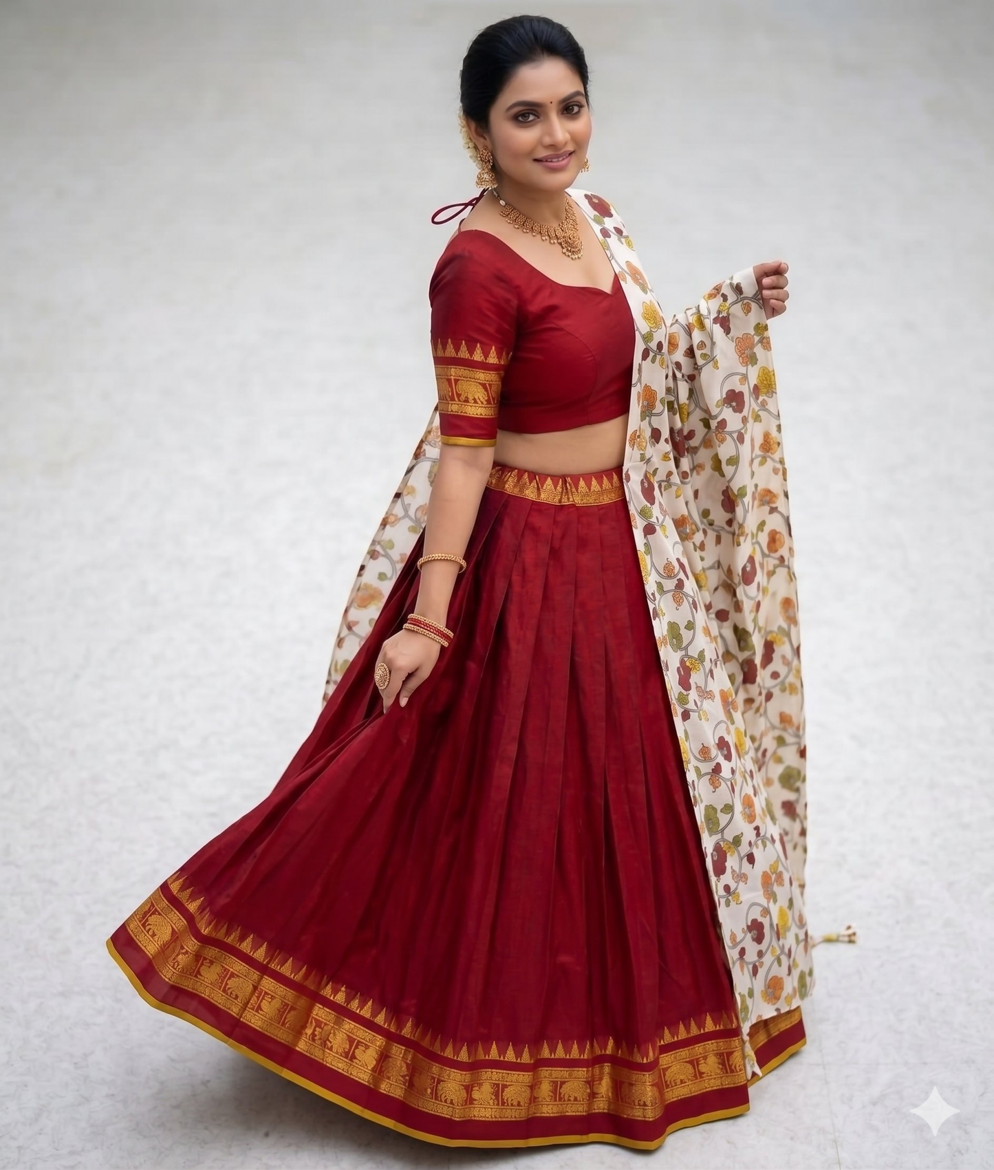 Teeya Creation Womens New Trendy Red Traditional Pleated Lehenga Choli Set with Floral Printed Dupatta and Contrast Zari Border Set