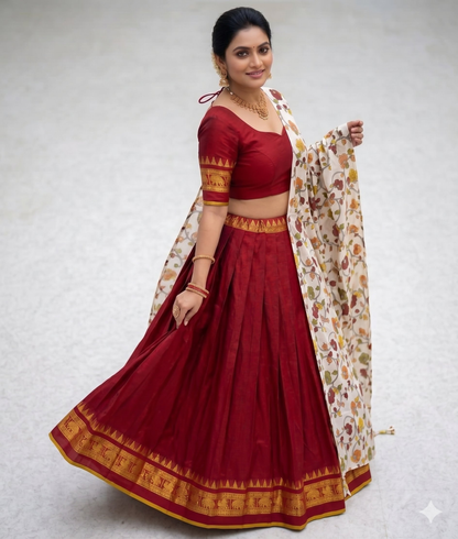 Teeya Creation Womens New Trendy Red Traditional Pleated Lehenga Choli Set with Floral Printed Dupatta and Contrast Zari Border Set
