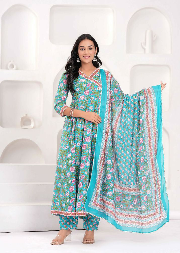 Jaimini Women Cotton Printed V-Neck 3/4 Sleeves Calf Length Angrakha Kurta Pant And Dupatta Set