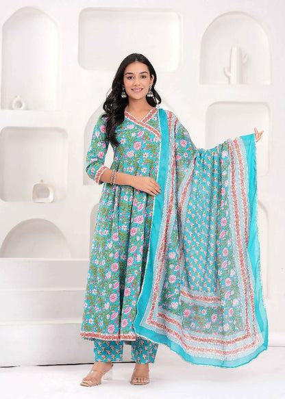 Jaimini Women Cotton Printed V-Neck 3/4 Sleeves Calf Length Angrakha Kurta Pant And Dupatta Set