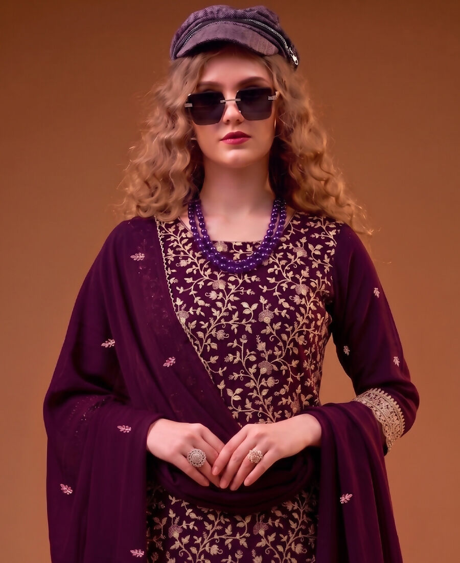 KC Purple Straight Suit For Women Georgette Fabric