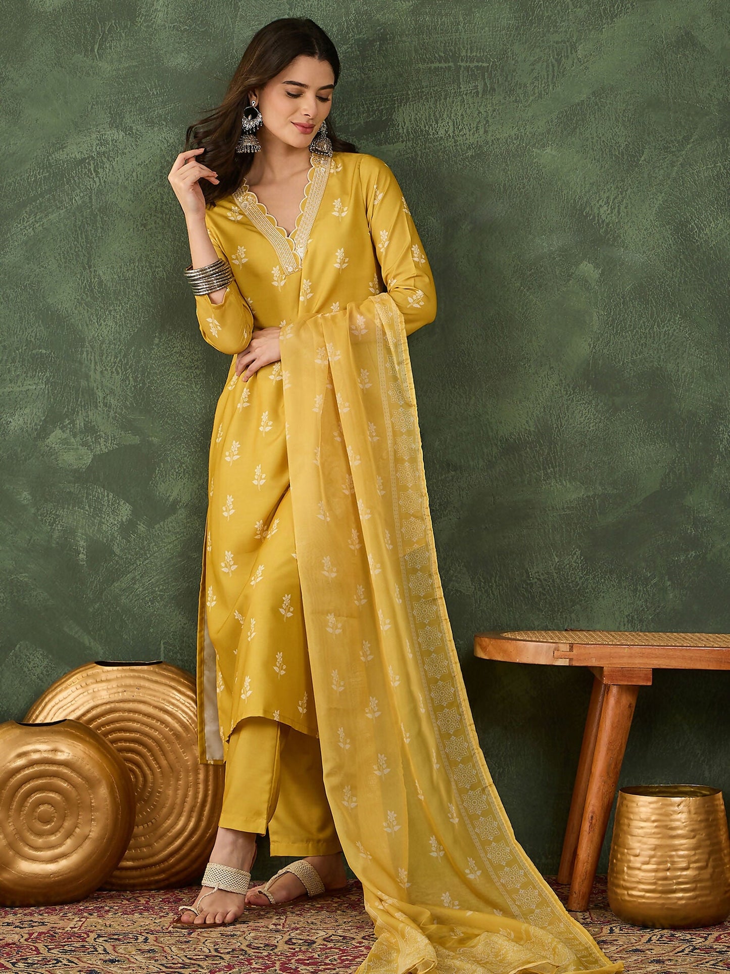 The52 Women's Gorgeous Rayon Fabric Printed Work Straight Kurta Pant and Dupatta Set-Yellow
