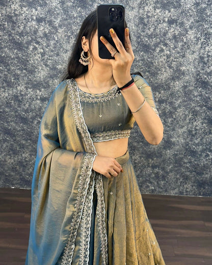 Teeya Creation Womens New Trendy Radiant Teal Hand-Embroidered Silk Lehenga Choli Set