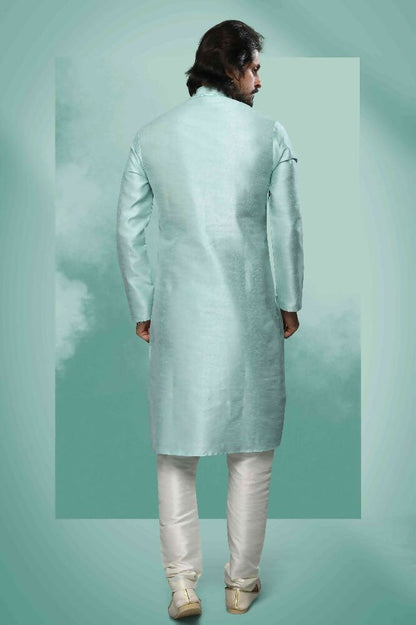 Raivat Ethnic Art Silk Mirror Embroidery Work Kurta Pajama In Pista Green Colour