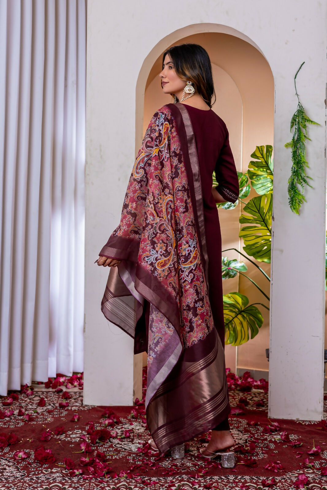 Teeya Creation Womens Wine Embroidered Kurta Pant Set